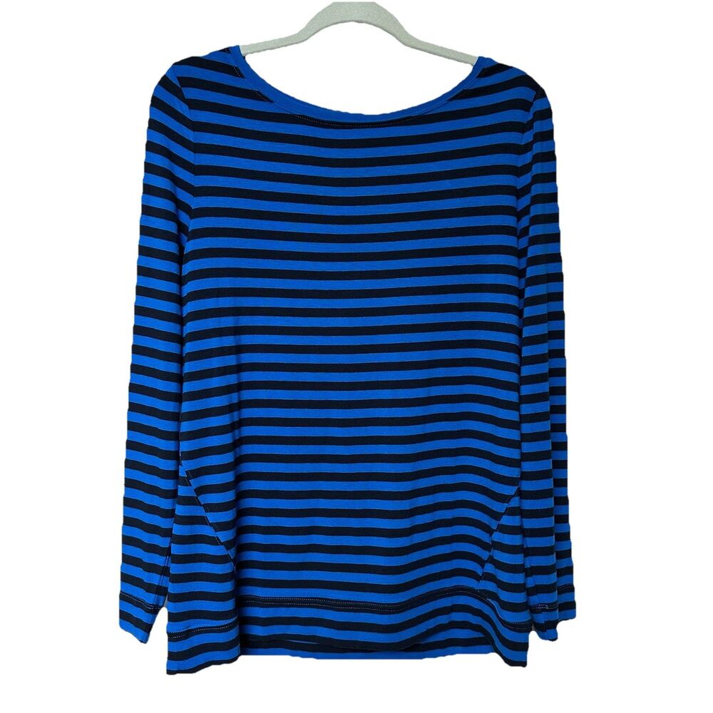 Talbots Top Women’s Lg Long Sleeve Blue Black Striped Pullover Preppy Nautical